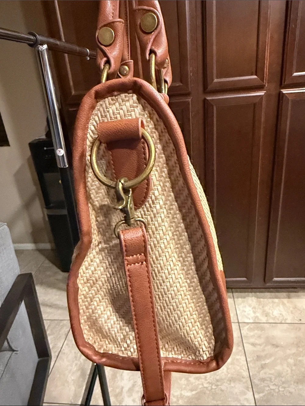 FRYE AND CO. Natural Woven Satchel with Tan Trim